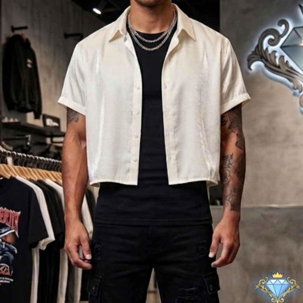 SHEIN Men’s Cropped Shimmer Button Up Shirt White Cream Large Streetwear